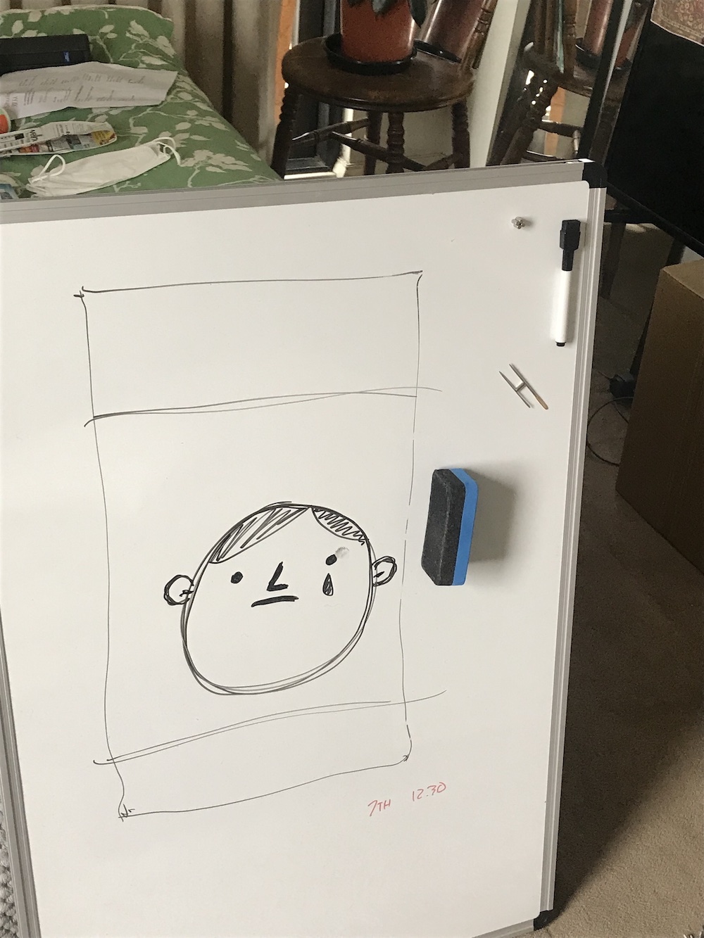 a white board with a cartoon of a crying face on it