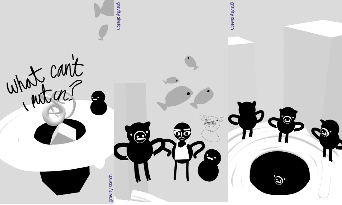 Three gray images - 1: a grey scale cartoon of a black hole in the ground with grey shapes emerging, a wee snowman like figure, and text scrawled over it reads "what can't I put in?". 2: A pig, a man, and a wee snowman like figure stand in a row with fish like shapes behind them. 3: Three copies of the pig character at different rotations stand around a hole, inside the hole you can see the face of a fourth pig