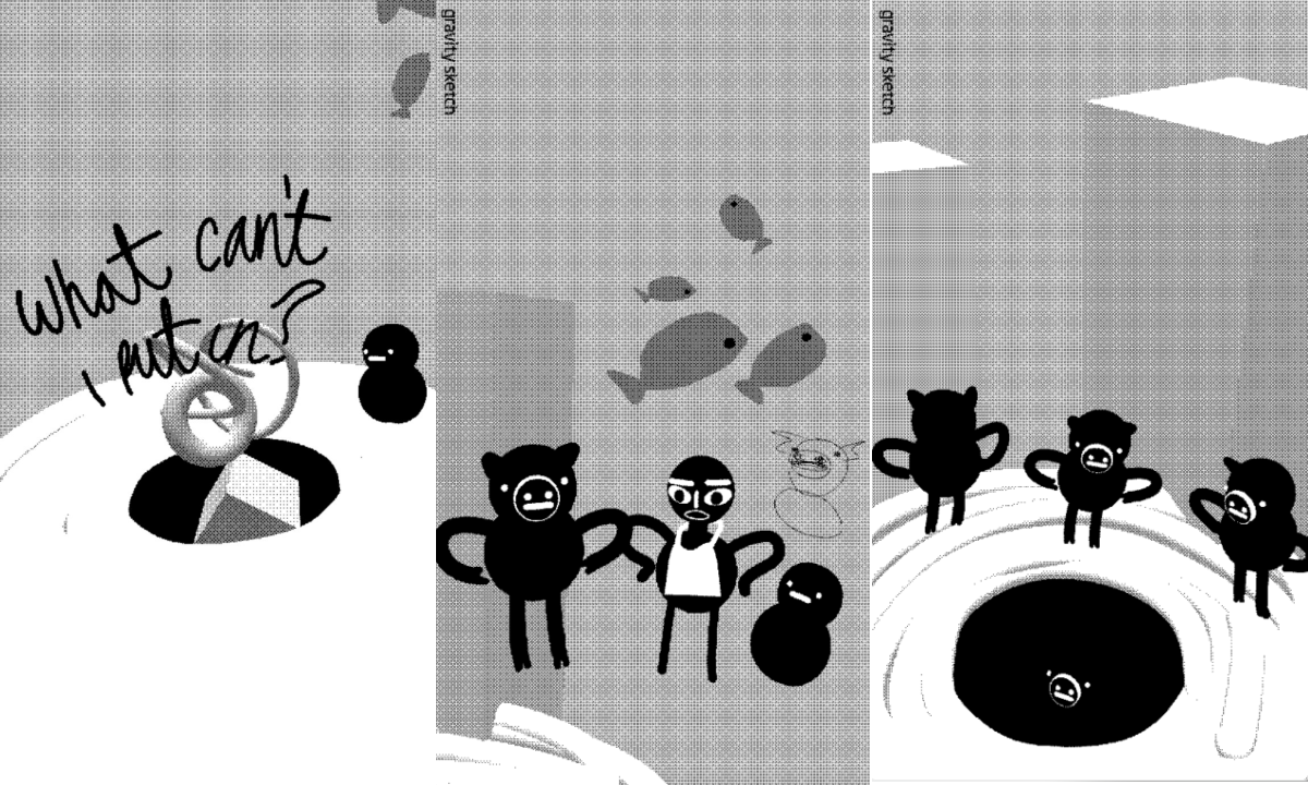 Three dithered images - 1: a grey scale cartoon of a black hole in the ground with grey shapes emerging, a wee snowman like figure, and text scrawled over it reads "what can't I put in?". 2: A pig, a man, and a wee snowman like figure stand in a row with fish like shapes behind them. 3: Three copies of the pig character at different rotations stand around a hole, inside the hole you can see the face of a fourth pig