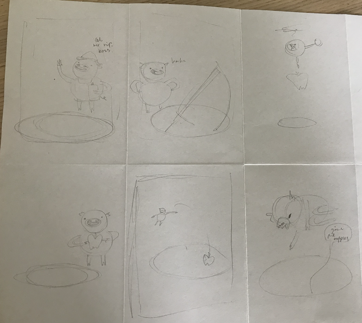 sketchy drawings of a pig throwing apples in a hole