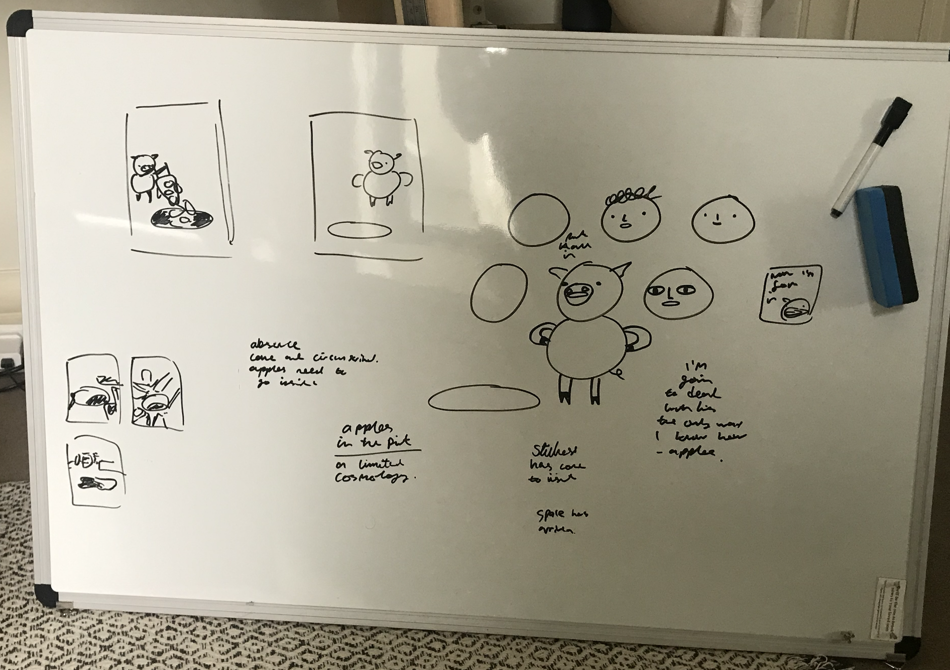 Whiteboard drawings with a pig, some sketches of sinkholes, and the pig pushing a wheelbarrow of lumps into a hole
