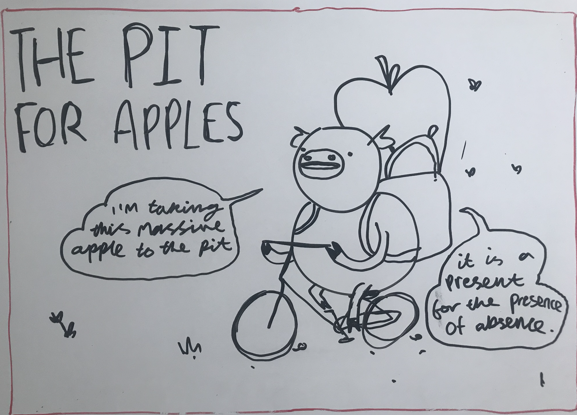 A pig on a bike with a big apple in the backpack