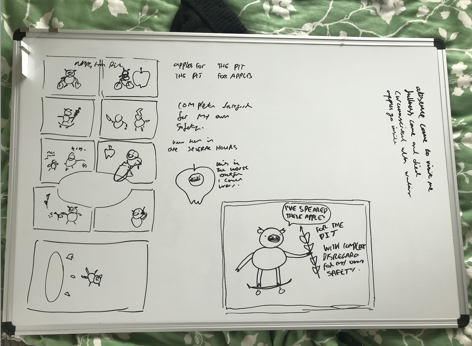 a white board with a rough zine layout drawn on it