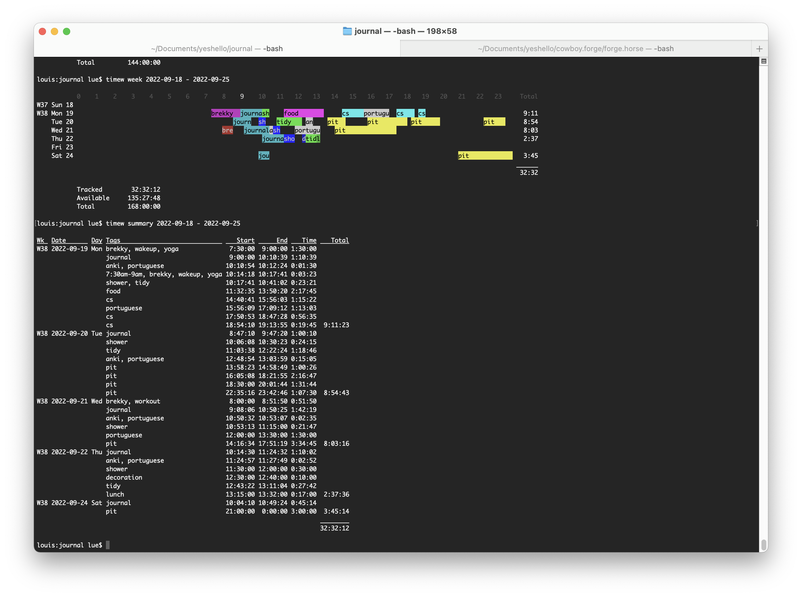image of a time tracking console log, with all the weeks tasks tracked in different colours