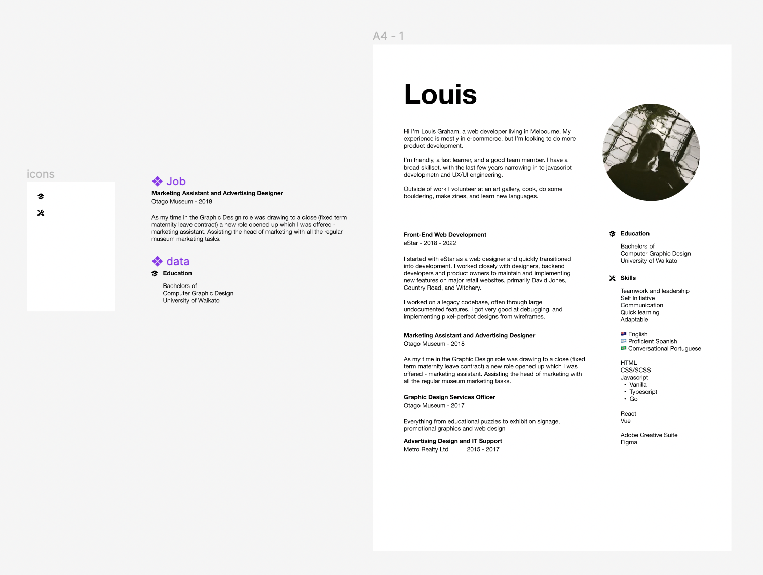 a cv in figma, with the seperate components on the side