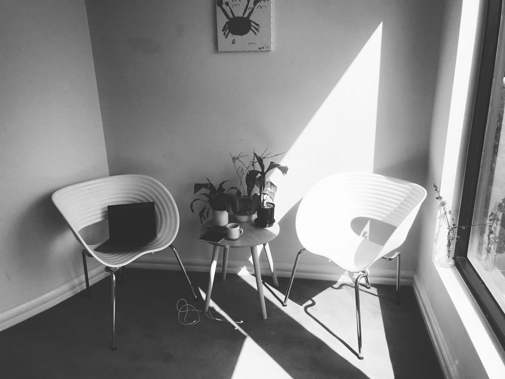 a black and white image of two ribbed bowl chairs in the sun, some plants on a table, a childs drawing of a crab