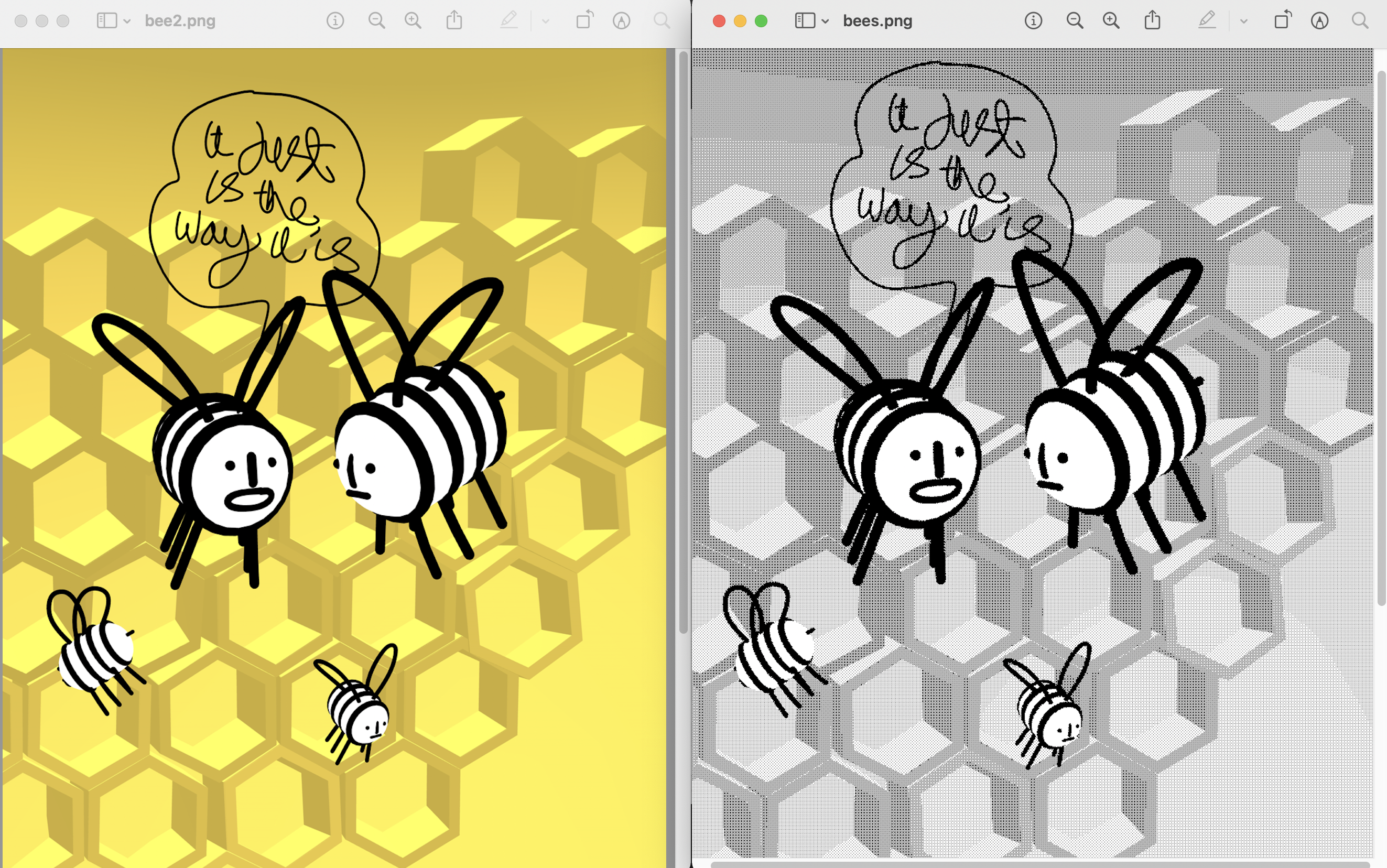 a picture of some a cartoon bees, and the same picture with black and white dithering