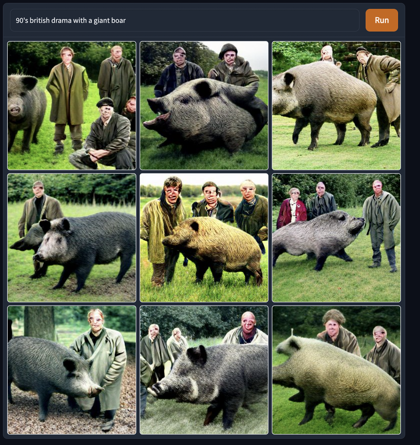 a grid of 9 AI generated pictures from the prompt 'british 90s drama with giant boar'