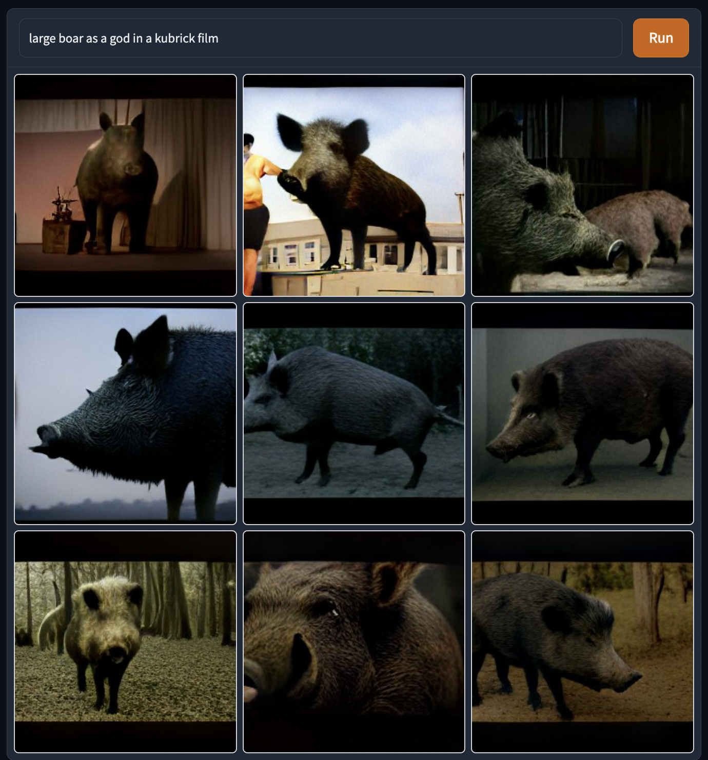 a grid of 9 AI generated pictures from the prompt 'large boar as a god in kubrick film'