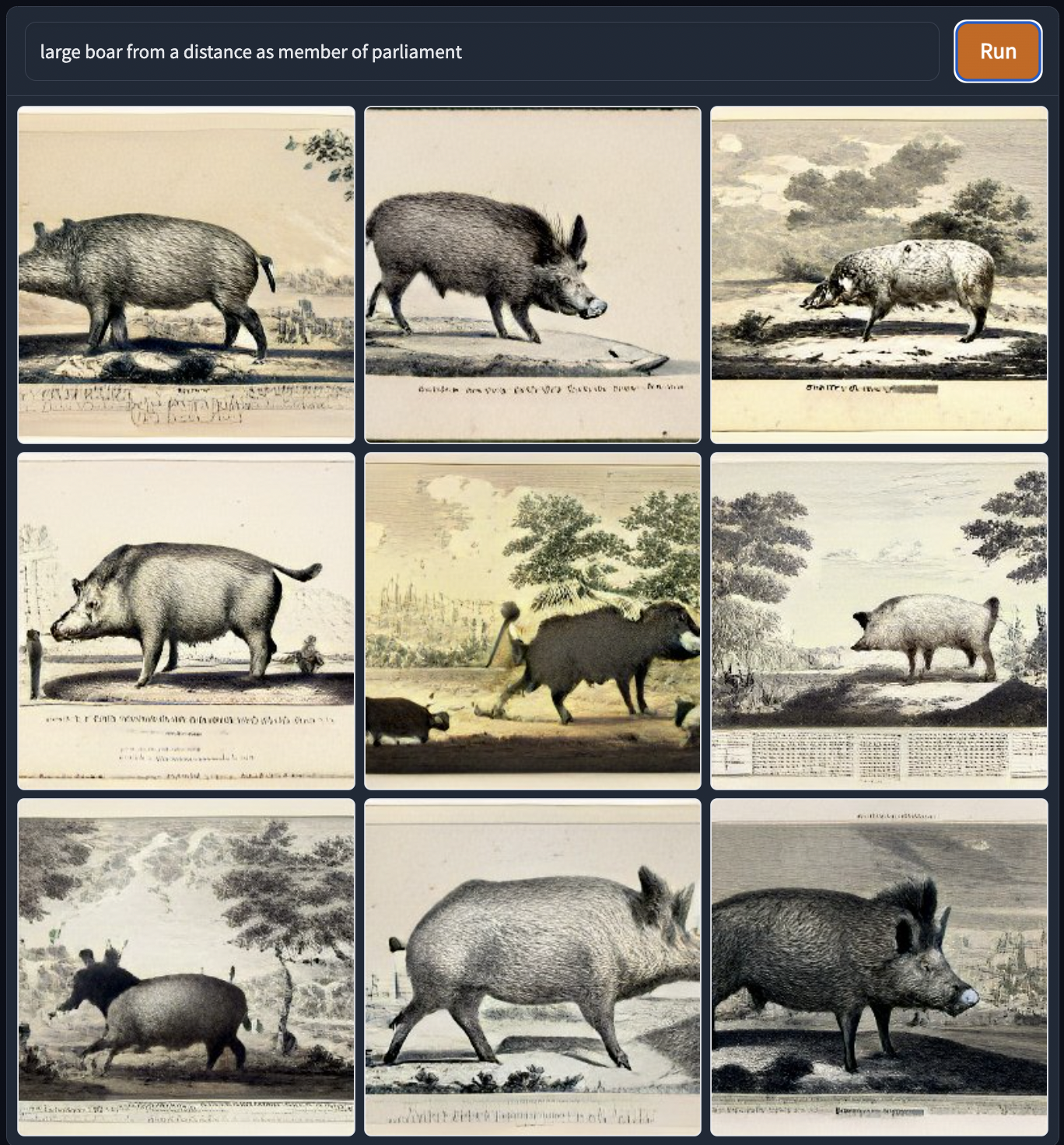 a grid of 9 AI generated pictures from the prompt 'large boar from a distance as member of parliament'