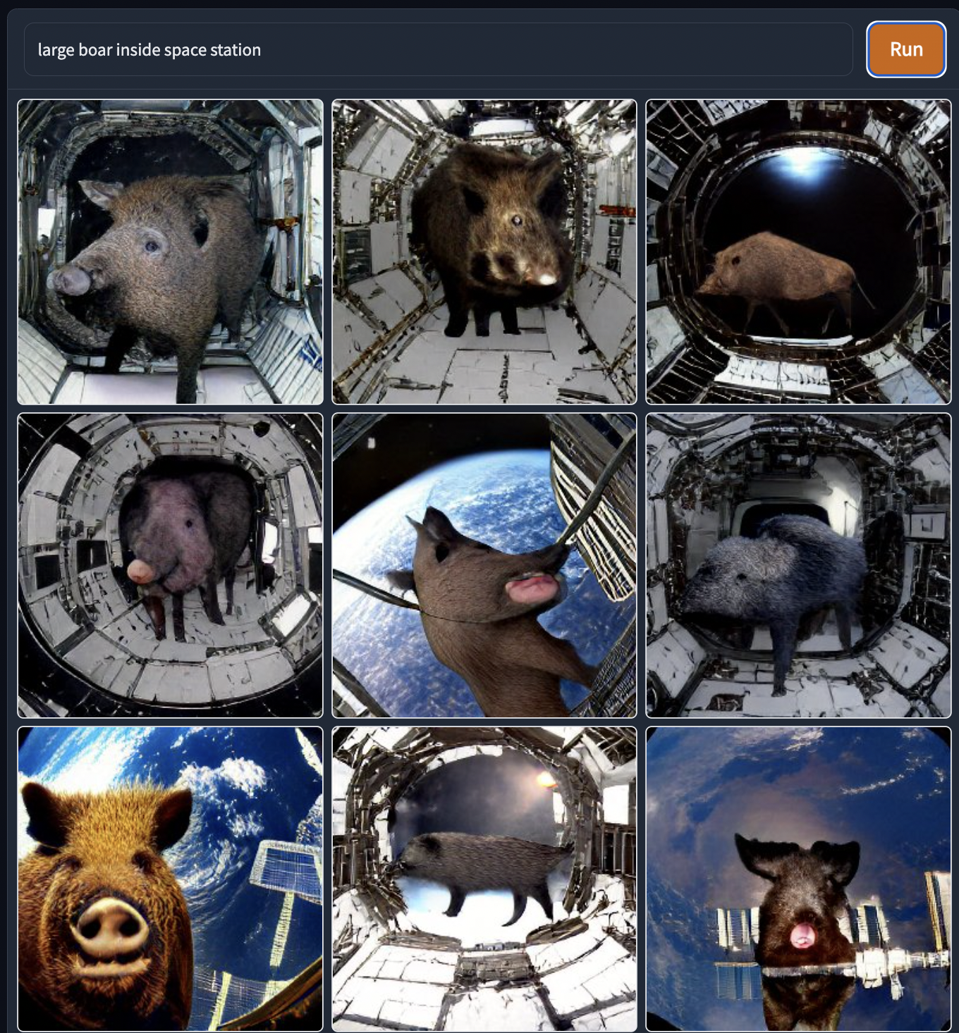 a grid of 9 AI generated pictures from the prompt 'large boar in space station'