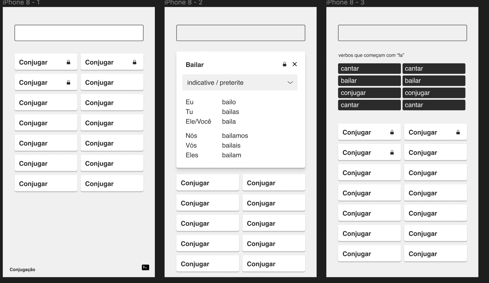 conjugacao wireframes for mobile