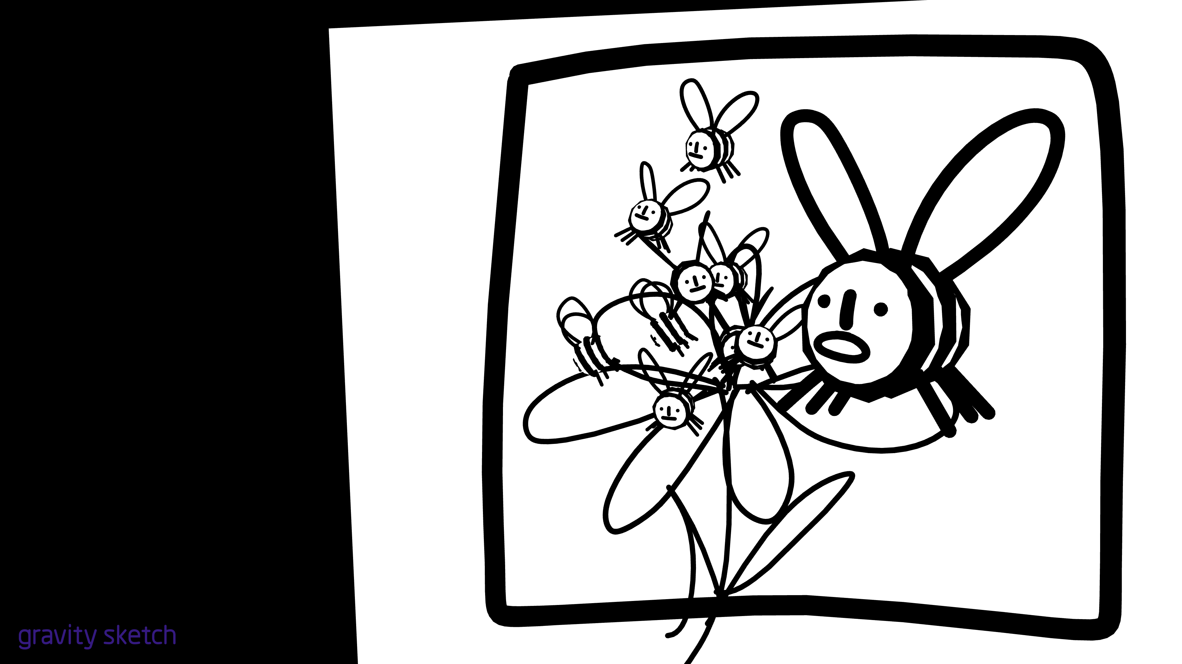 black and white cartoon image of bees