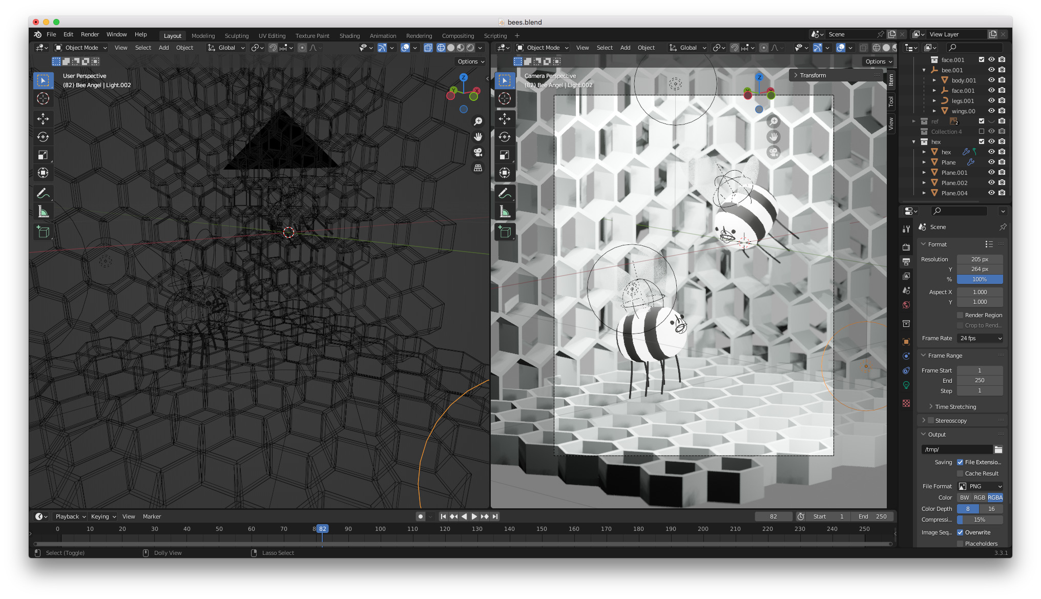 a screenshot of blender software with the bee models in wireframe and rendered