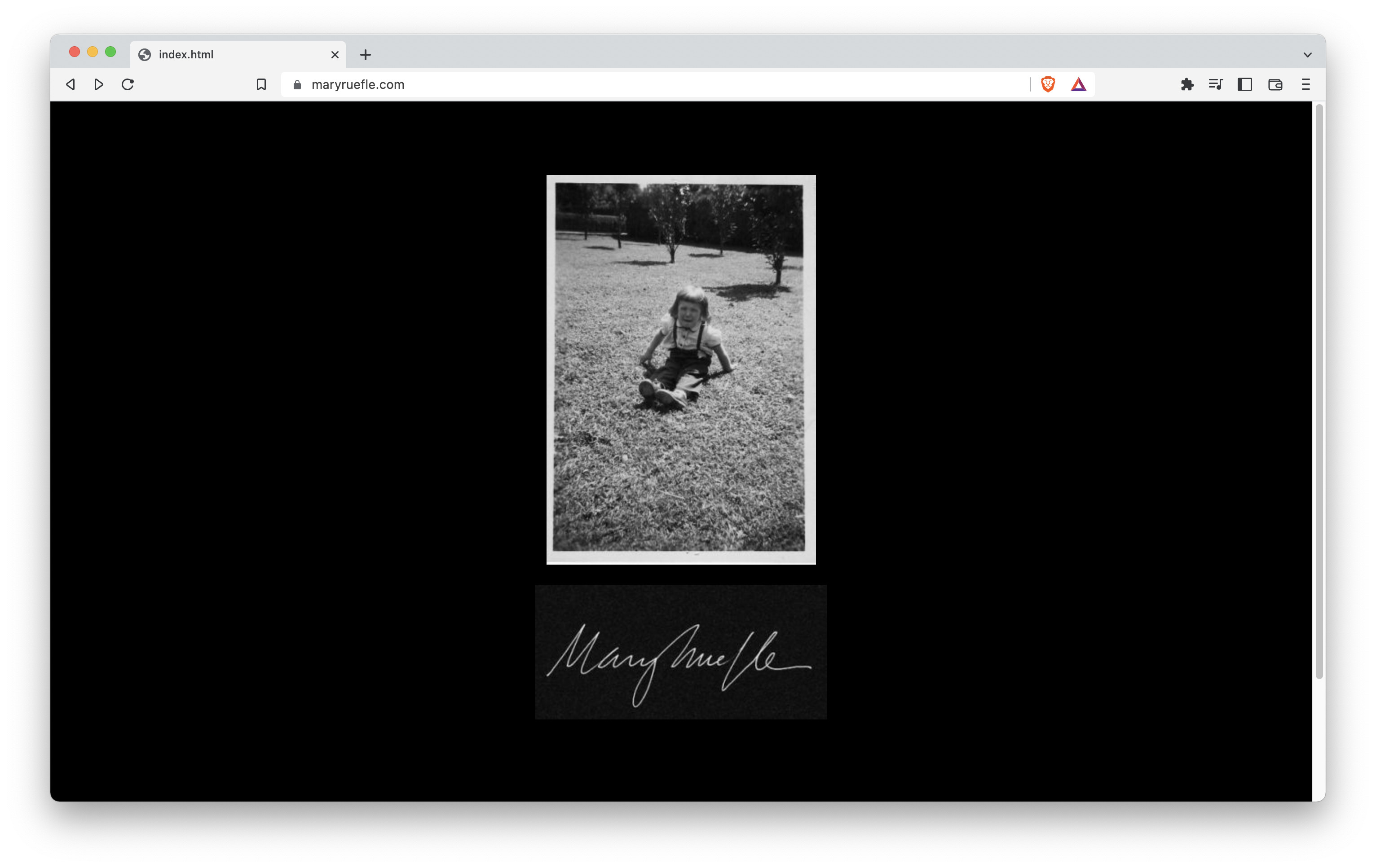 maryruefle.com landing page, a black and white photo of a young child crying, and Ruefle's signature