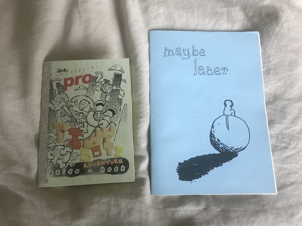 2 zines on a fabric spread - The Unofficial Pro Tidy Botz Adventure Guide Book and Maybe Later