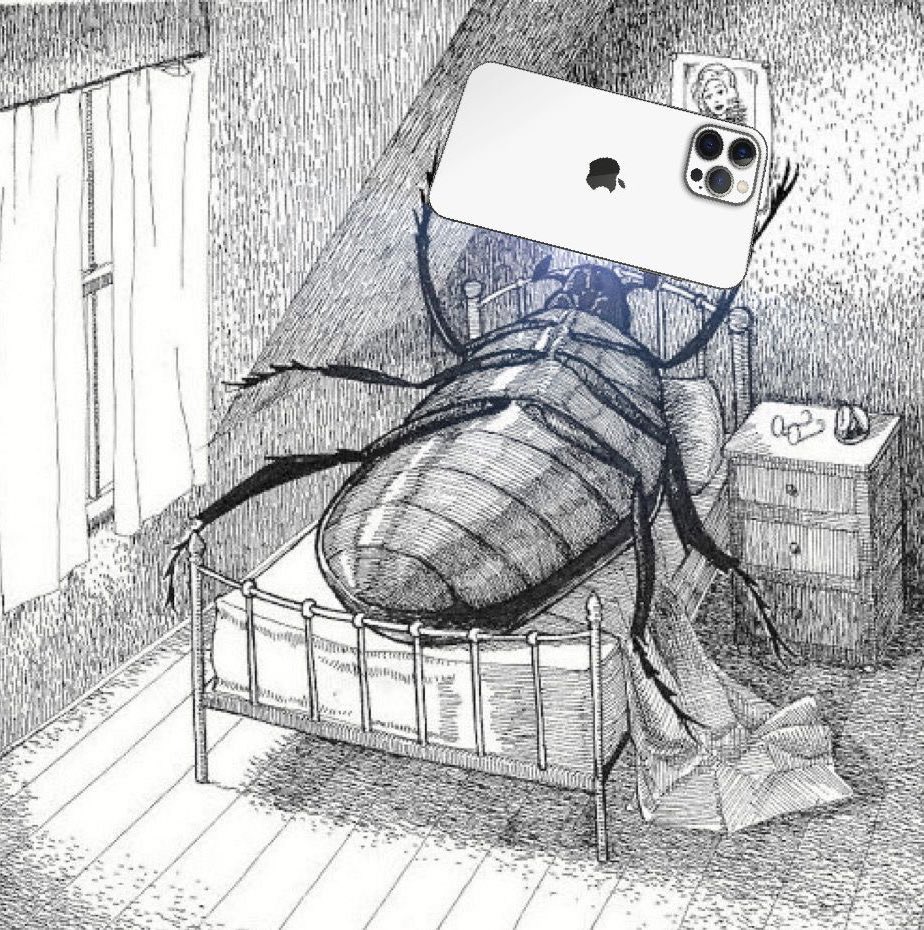 a giant beetle in bed, looking at an iPhone. Modified illustration of Kafka's The Metamorphoses