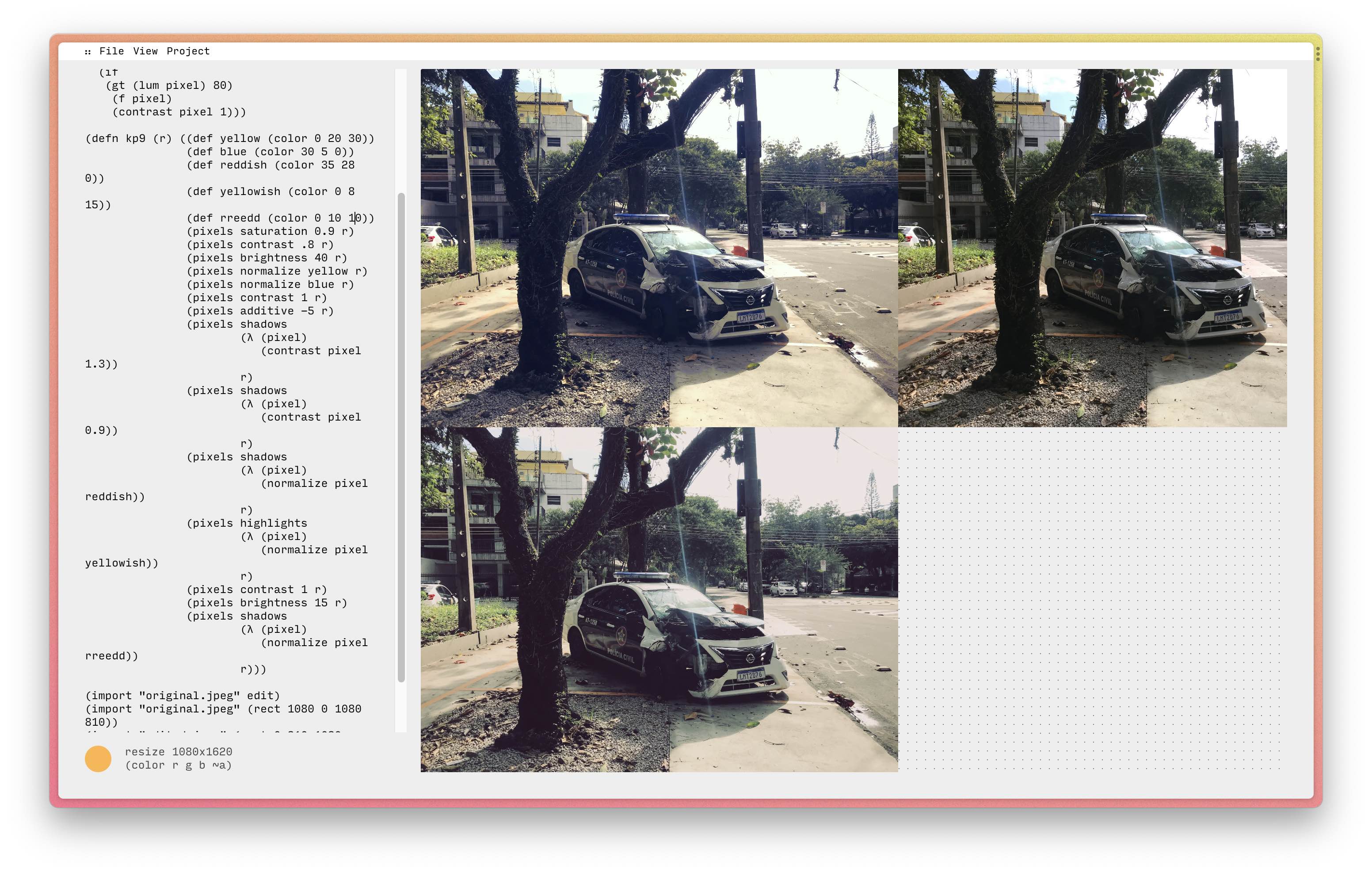 a lisp text editor on the left, on the right are 3 images of a crashed police car in a tropical suburb