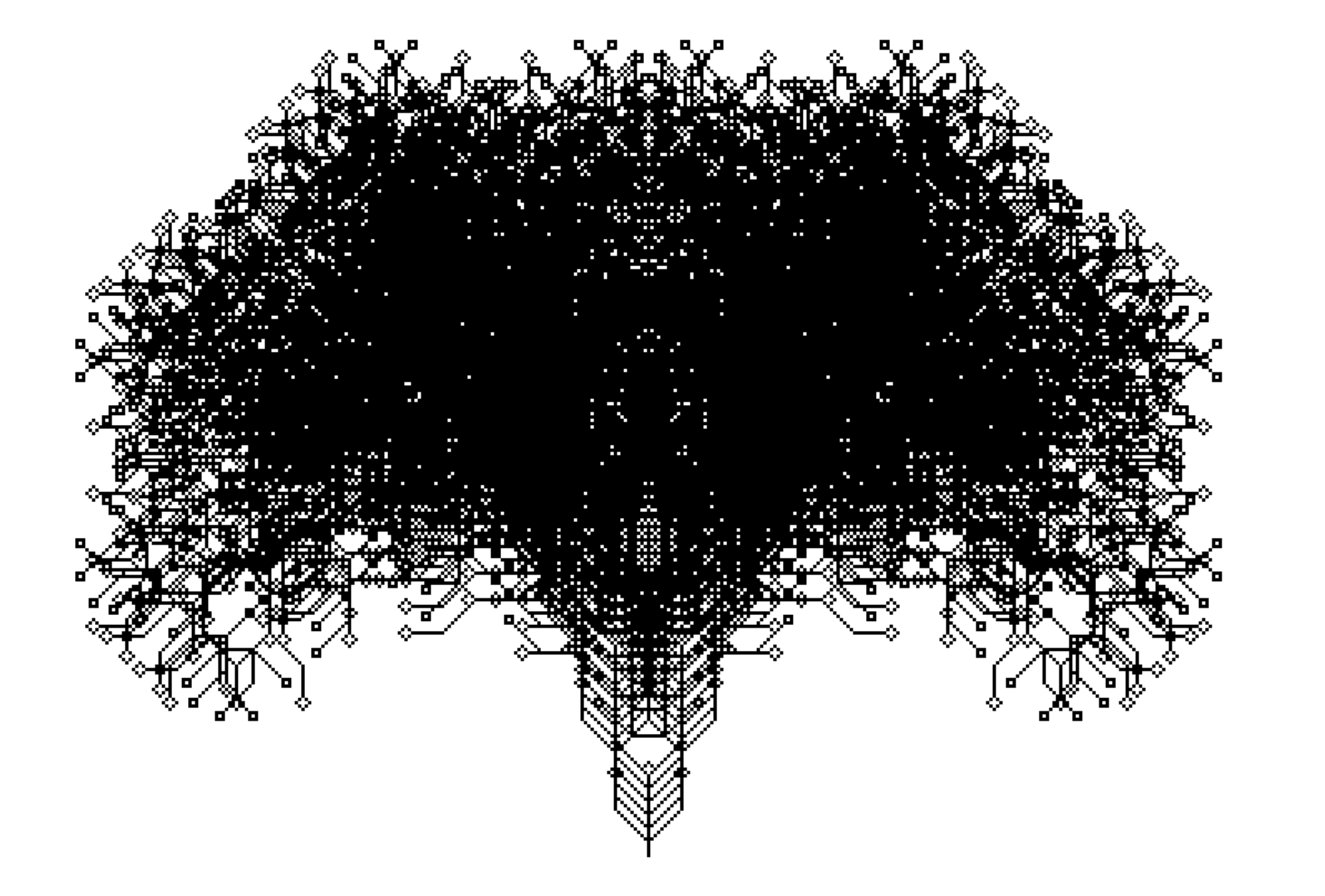 a black and white semi abstract image of a tree drawn with L-systems and pixel art turtle interpretation of strings