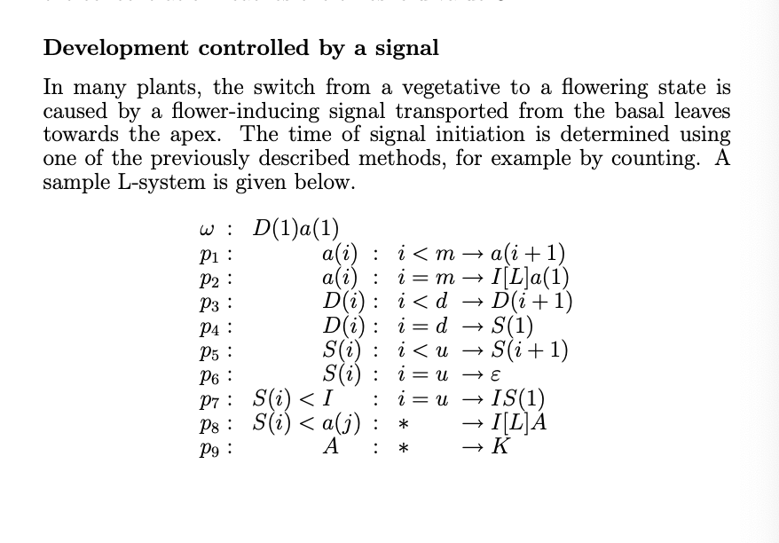 a screenshot from "The Algorithmic Beauty of Plants". Text reads: "Development controlled by a signal. In many plants, the switch from a vegetative to a flowering state is caused by a flower-inducing signal transported from the basal leaves towards the apex. The time of signal initiation is determined using one of the previously described methods, for example by counting. A sample L-system is given."