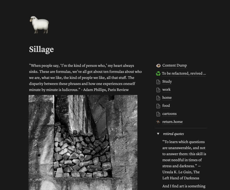 a notion page with an emoji of a sheep as the page icon, title "Sillage", a quote about identity and an image of some wood stacked within a stone wall. The quotes in the image will be included later in this post