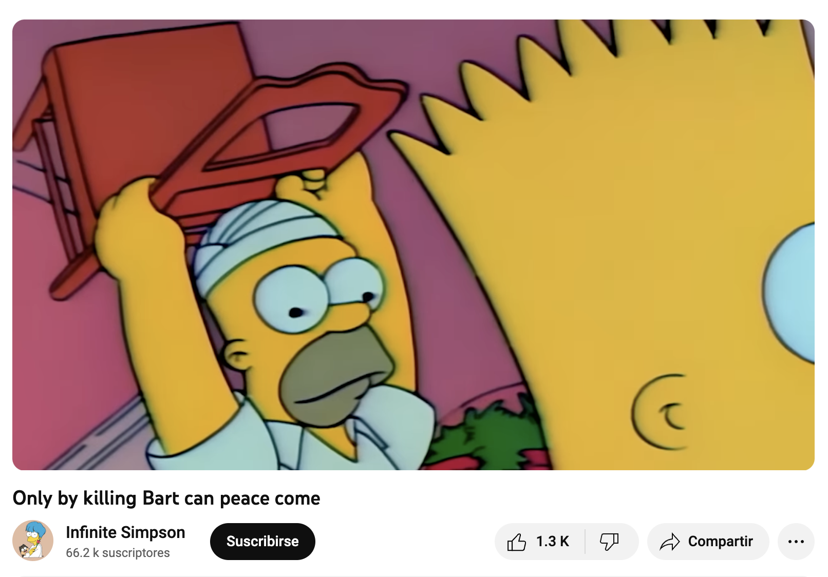 Still from a simpsons episode of Homer about to Hit bart with a chair. The title reads: Only by killing Bart can peace come. The channel is called: Infinite Simpson